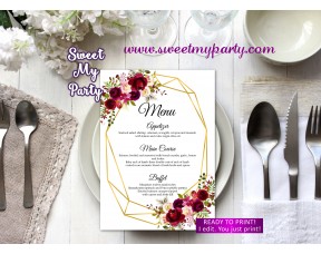 Geometric Menu card printable,Burgundy menu card prinable,(116w)